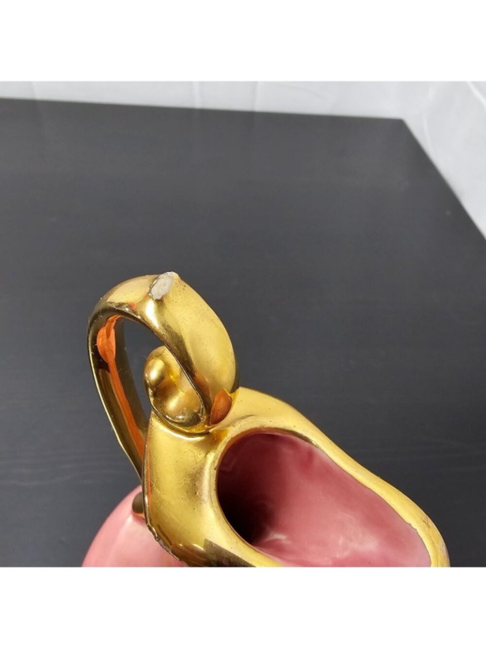 Vintage Ceramic Pitcher Vase 8.5" Pink Warranted 22 KT Gold Trim Mid Century USA - Picture 3 of 7